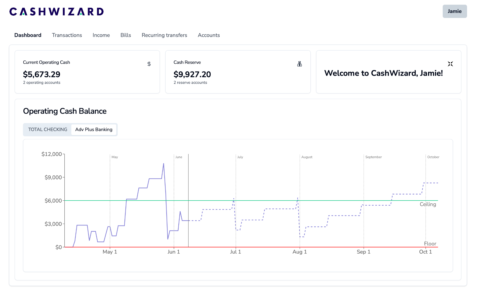 CashWizard App Dashboard Screenshot